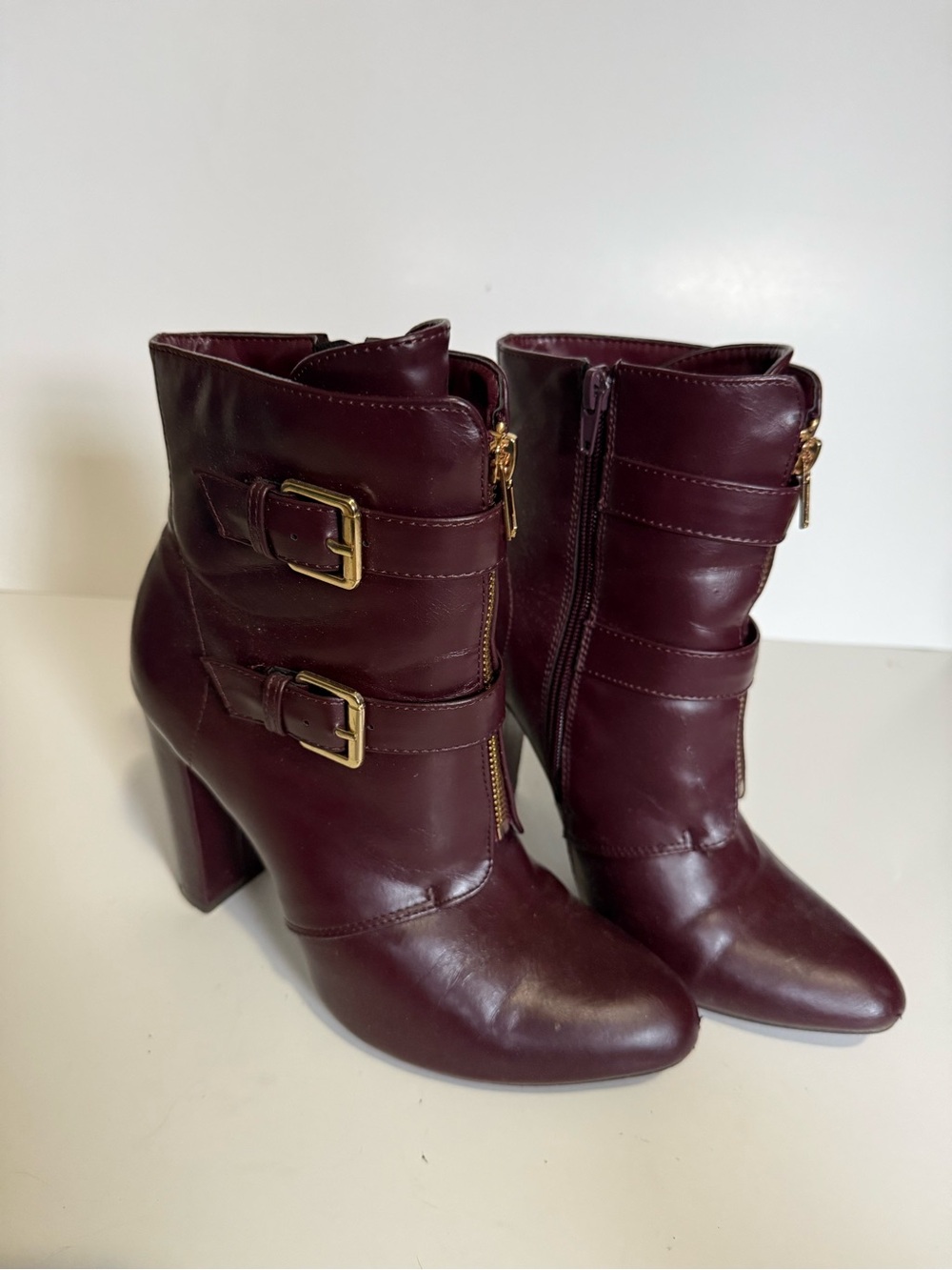 Women's Burgundy Leather Ankle Boots with Gold Buckles